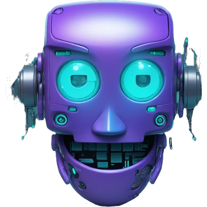 Smily face robotic scanning device, cyberpunk, cyan and purple colors, friendly, futuristic, binary code emoji