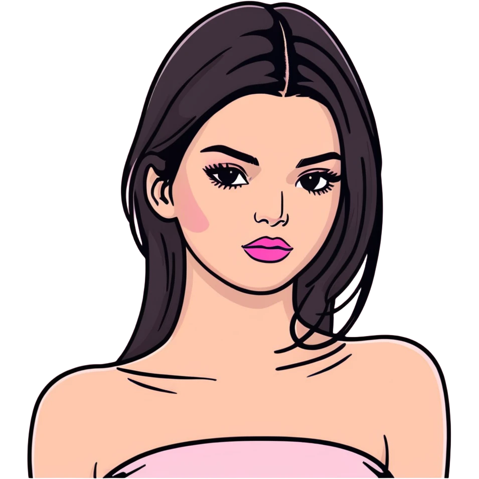 Kendall Jenner, elongated face, long flowing hair, pink glossy lipgloss, pink blush on cheeks, cat-eye winged eyeliner, bare shoulders and upper body emoji