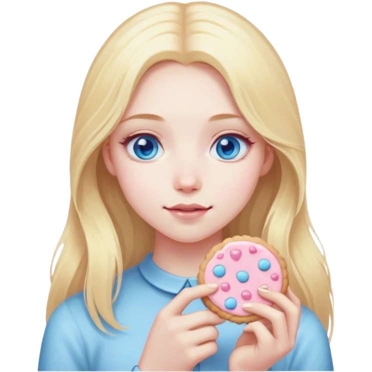 Blonde girl with pale skin and blue eyes and long hair with a light pink cookie emoji
