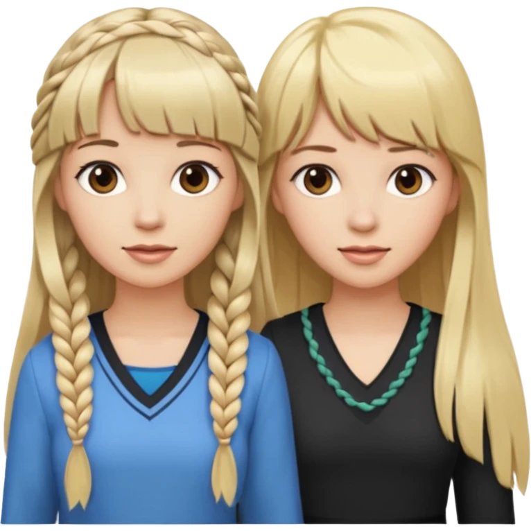 Woman very long flowing blonde hair With BANGS standing next to woman DARK BROWN HAIR with BANGS ONE BRAID on one side.   emoji