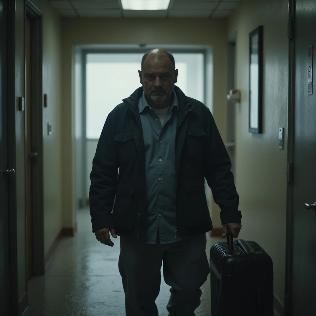 man leaving a rehab center, serious look and slumped shoulders, suitcase in hand, light rain, atmosphere of rebirth but also struggle, hyperrealistic 4K details emoji