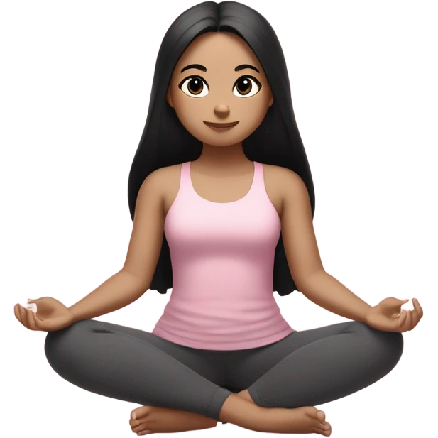 a girl with black long hair and short pink skirt, white skin land brown eyes, meditates in a relaxed lotus position in a comfortable monochrome pink top and monochrome pink leggings emoji