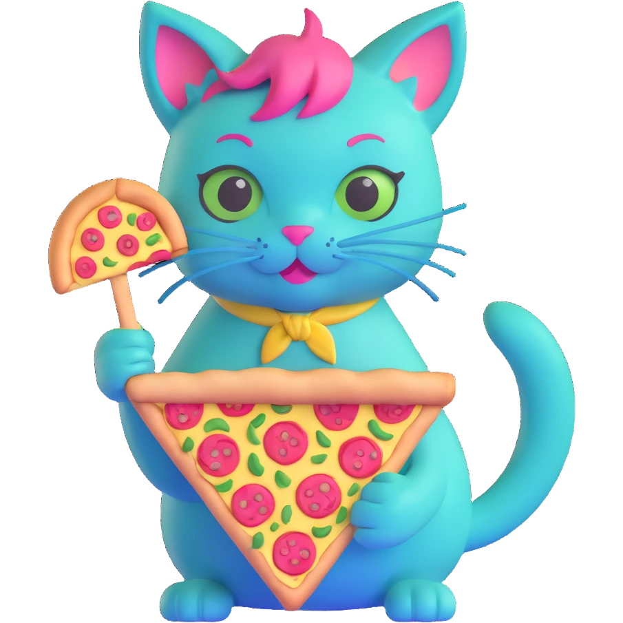 green cat with pink hair and blue ears holding a pizza emoji