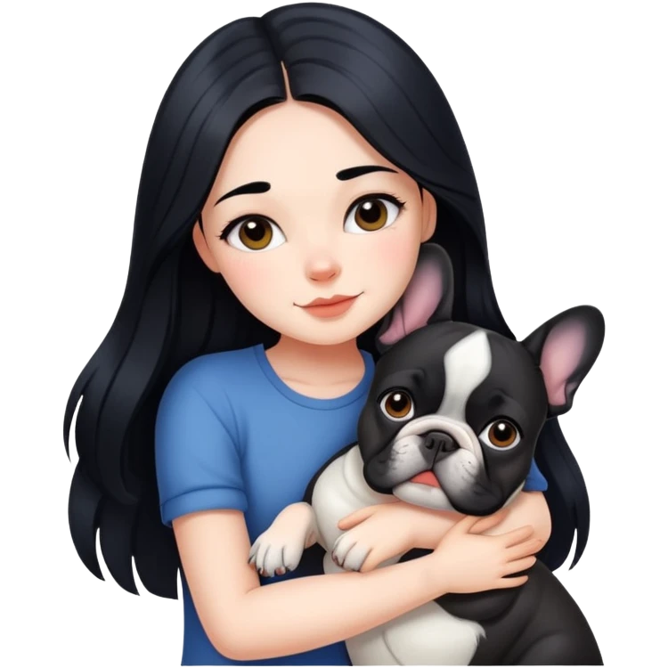 beautiful girl with long black hair hugs a French bulldog emoji