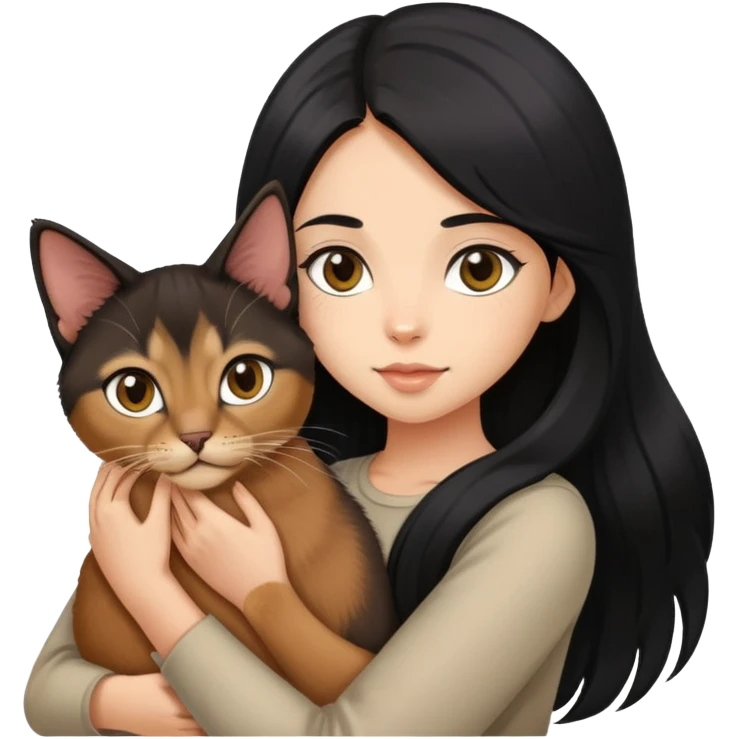 The girl with long black hair holding a Abyssinian cat emoji