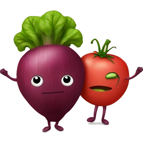 A beetroot with little arms and a tomato with little arms, both holding hands like friends emoji