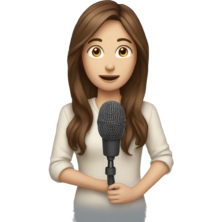 a wihte journalist with long brown hair with a microphone emoji