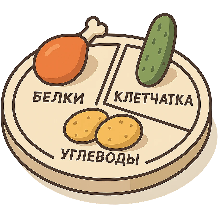Гарвардская тарелка с тремя секциями, 2d-isometric стиль, с тенями и бликами, контурное изображение курицы (белки), огурца (клетчатка), картофеля (углеводы), каждый раздел подписан по-русски: белки, углеводы, клетчатка, без руки, чистый фон emoji