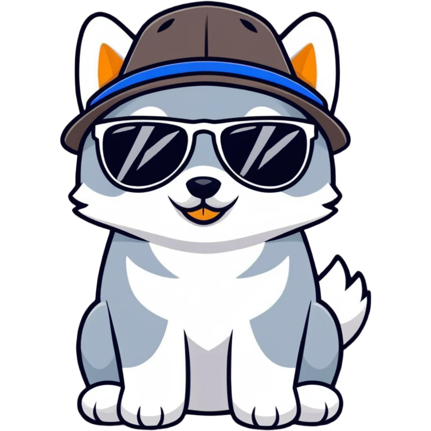 Husky dog wearing black sunglasses and a hat with duck pattern emoji