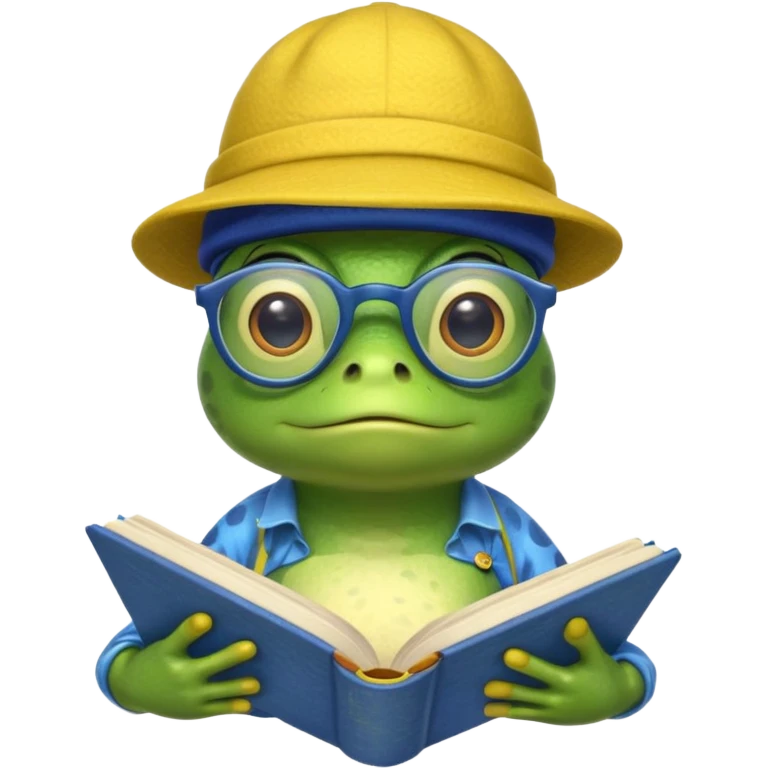 frog wearing yellow hat with glasses and blue book emoji