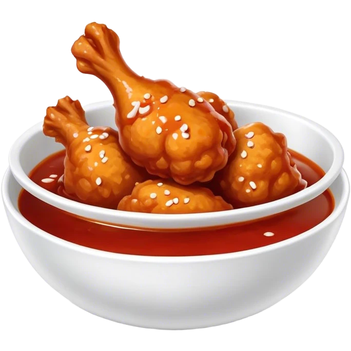 Korean Fried Chicken Cinematic Realistic Korean Fried Chicken Dish Emoji, depicted as bite-sized chicken chunks generously coated in a glossy, spicy sauce, in a bowl. emoji