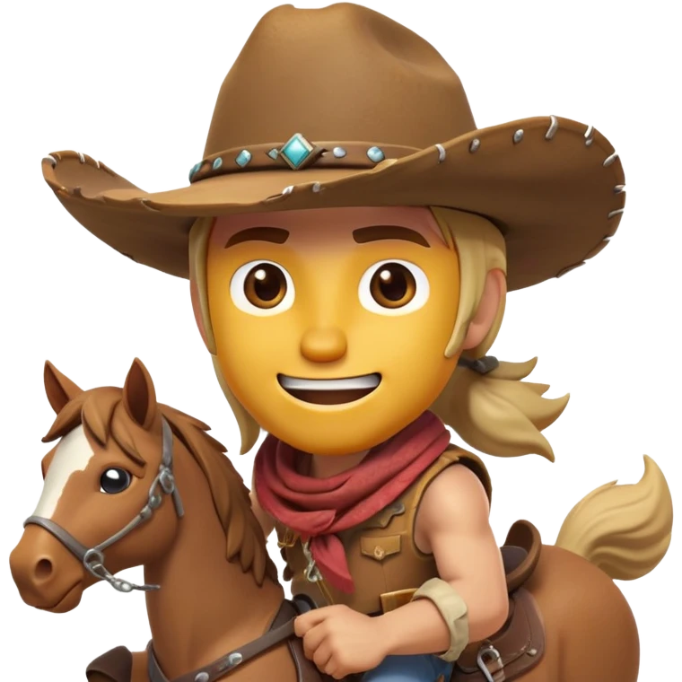 clash-of-clans-aesthetic_-cinematic-playful-cowboy-portrait-emoji, head-tilted with a roguish, cheeky grin and twinkling eyes, featuring a rugged, spirited build with a wide-brimmed cowboy hat and a weathered bandana on tan skin, riding a powerful galloping horse with dynamic flowing mane, reins gripped firmly in one hand and a lasso in the other, as dust swirls behind them in a vast desert landscape. emoji