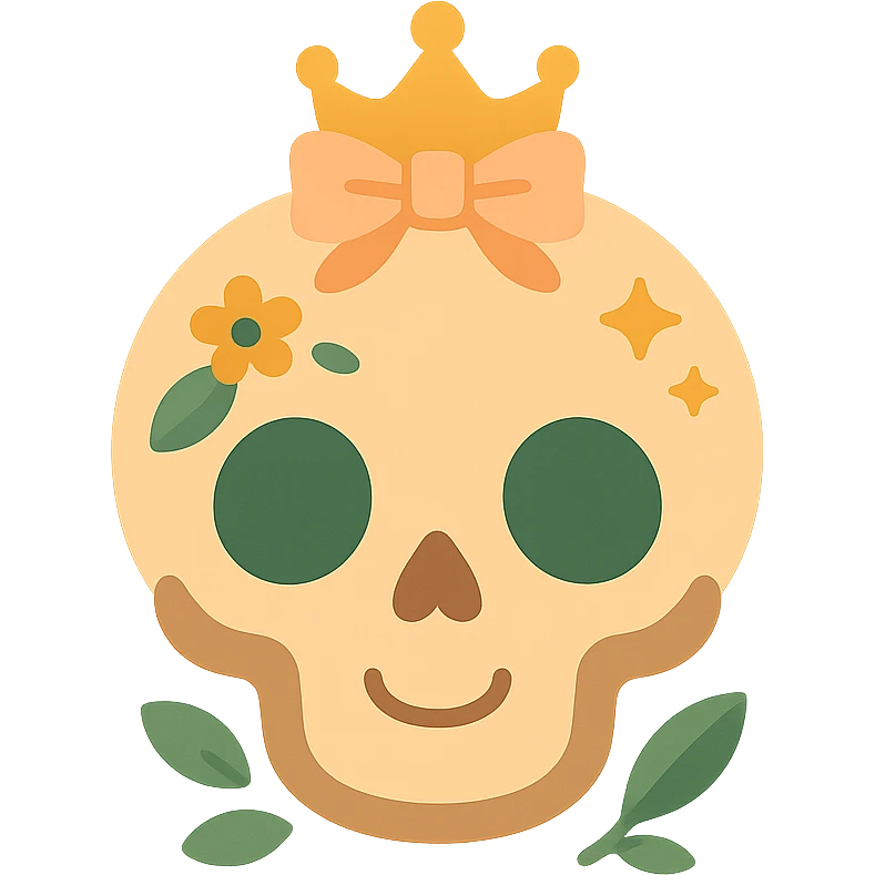 A cute, stylized skull with a friendly and whimsical vibe, designed in a soft and magical color palette: golden orange (FA9B41), forest green (4A7C5C), muted taupe brown (96775A), and pastel peach (FFCC9A). The skull has rounded, non-threatening features with expressive, oversized eye sockets and a gentle smile. It’s adorned with delicate floral patterns or tiny stars in the given colors, and perhaps a small crown or ribbon in peachy hues. The background is soft and glowing, creating a cozy, enchanting atmosphere. The overall mood is cute, calm, and a little bit magical. emoji