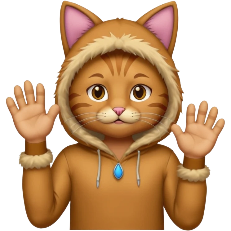 A man wearing cat clothes  and showing his paws emoji