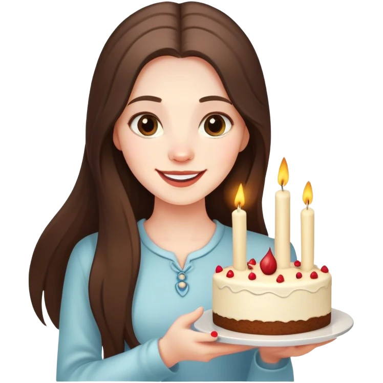 happy beautiful pale brunette girl with long hair holding a piece of cake with candle emoji