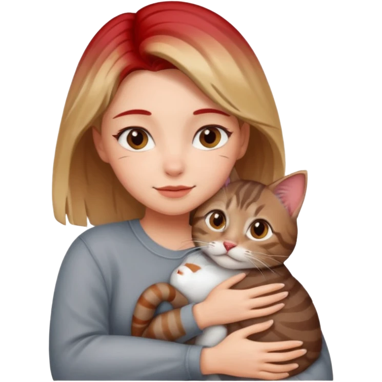 Une femme avec les cheveux dégradée, châtain et blond, qui fait un câlin à son chat gris, tigré avec des reflets roux emoji