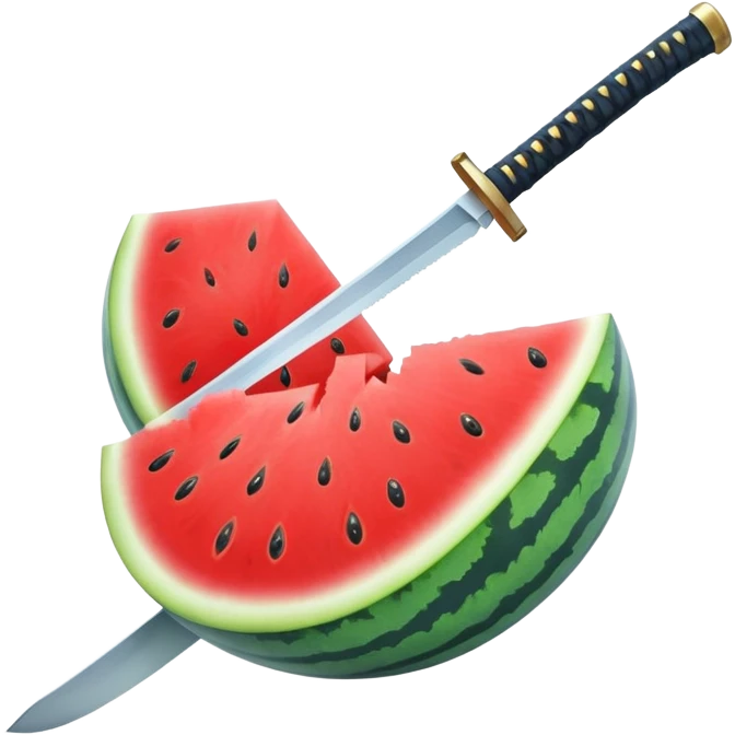 blue-handled katana cuts a watermelon in half emoji