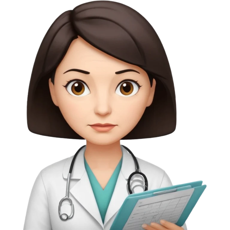 A female doctor in her 50s with visible facial wrinkles, dark brown short bob hair, looking down at and focusing on a medical chart. emoji