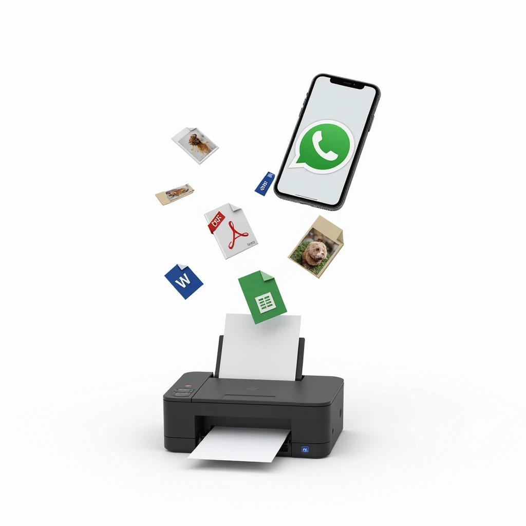 realistic thumbnail for a WhatsApp print out service, with a smartphone displaying WhatsApp and a variety of file icons including photo, PDF, Word doc floating toward a printer that is printing them out, white background emoji