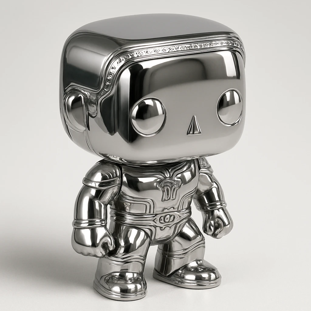 a group of Funko Pop style figures, all with shiny chrome metallic colors, highly reflective, grouped together emoji