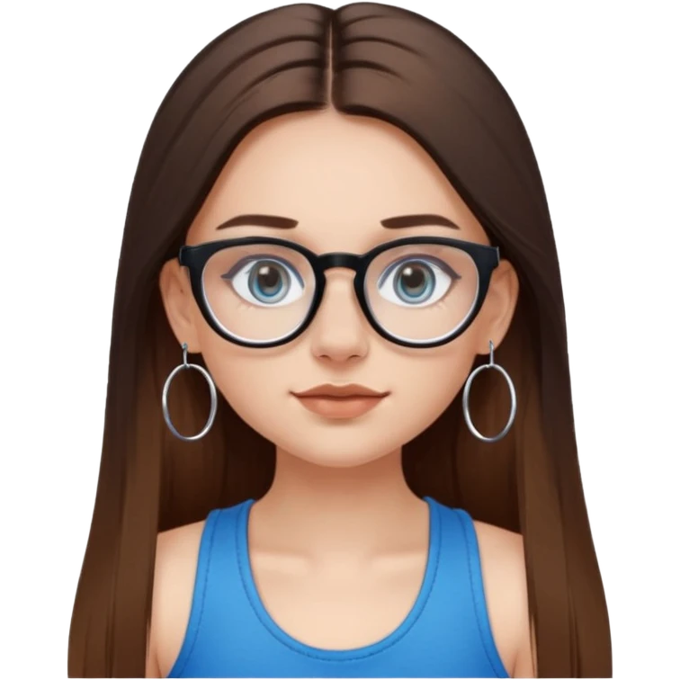 White girl with long straight brown hair and blue eyes wearing plastic frame glasses that go from black to clear ombré from top to bottom. Septum nose piercing and stud nose piercing on right side of nose. Wearing BLACK tank top. Wearing big hoop earrings  emoji