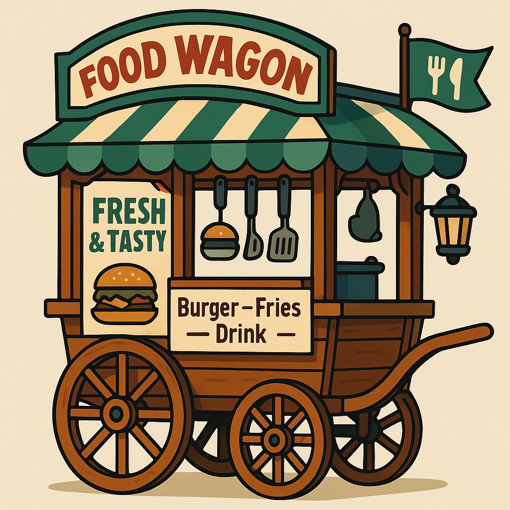 wooden vintage food cart with large spoked wheels, curved striped canopy in green and cream, prominent signboard displaying 'Food Wagon' in red, 'Fresh & Tasty', menu 'Burger – Fries – Drink', signboard with burger and food plate illustrations, cooking utensils hanging inside, black lantern at back, green flag with fork and knife icons at front, soft friendly nostalgic design emoji