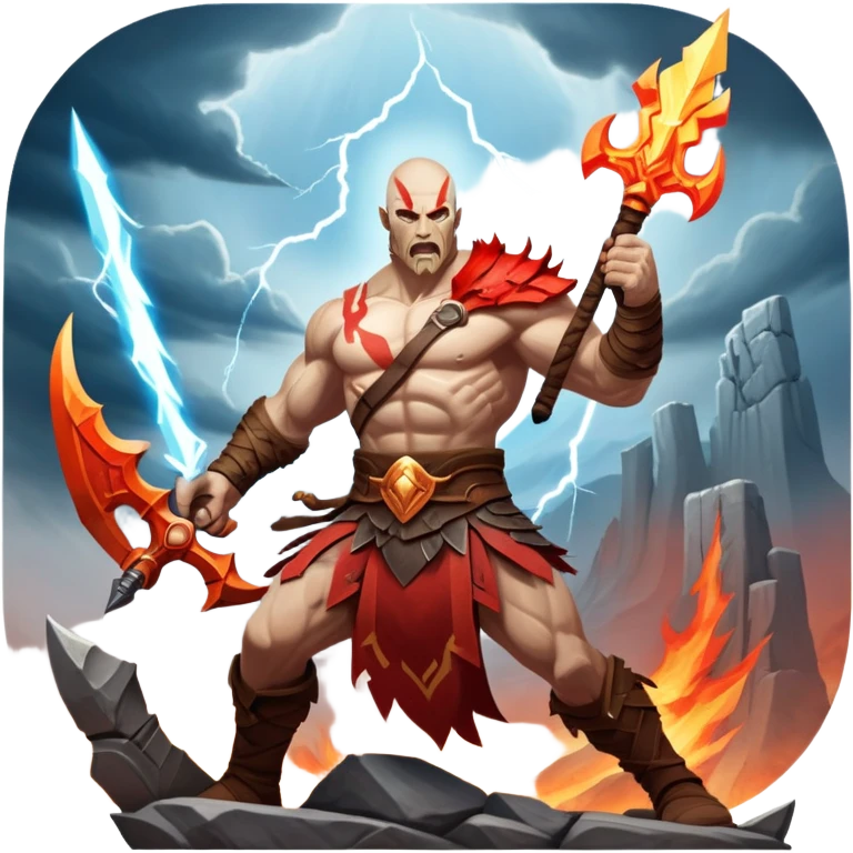 An icon showing a powerful warrior wielding a weapon, ready for battle, inspired by God of War: Ragnarok. The design features a fiery, war-torn landscape with broken statues and lightning in the sky, symbolizing epic combat. Transparent background highlights the action. emoji