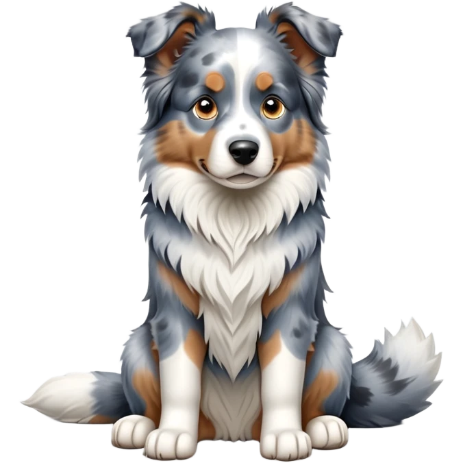 cinematic-[australian shepherd dog]-realistic-full-body-sitting-emoji,-tail-resting-loosely-beside-its-paws,-head-tilted-dramatically,-scruffy-[blue merle]-fur,-simplified-yet-realistic-focused-features,-highly-detailed,-glowing-with-an-almost-sarcastic-glow emoji