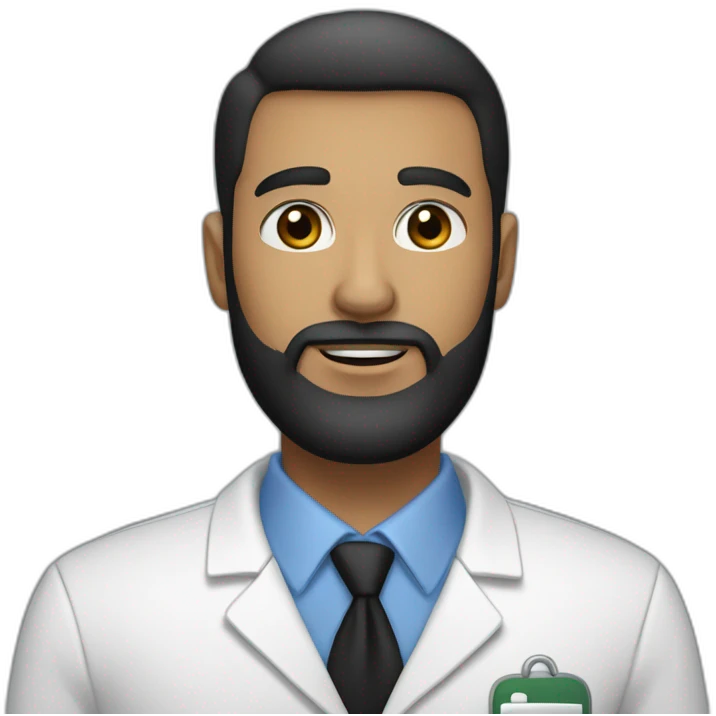 A light-skinned, relatively tall, English-style man, with a medical uniform and a medium-shaded black beard, handsome black eyes, and a round figure. emoji