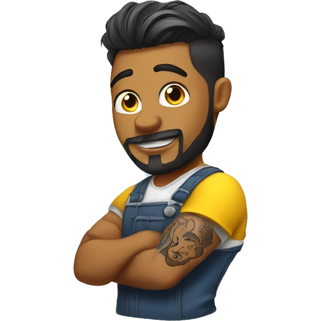 Barber with messy back hair, left arm and left hand tattoo, cutting hair with a yellow cape  emoji