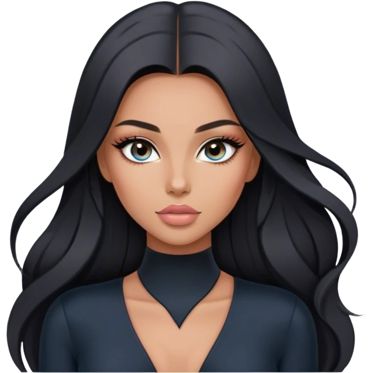 Glamours, tanned, very beautiful girl, with big pump peach-beige-rose lips, long long lashes, black straight smooth silky long hair, straight parting hair, blue-grey eyes in black long-sleeves v-neck bodysuit emoji