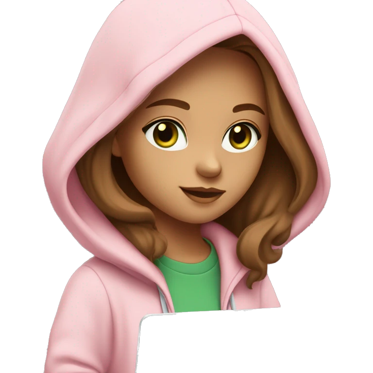 a girl with brown long hair, light beige skin, green eyes, is working relaxed at a modern laptop in a monochrome pale pink zip hoodie with a hood and a pink monochrome T-shirt emoji