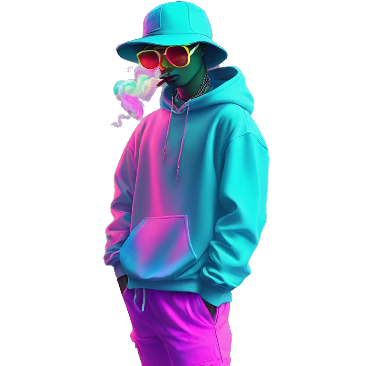 Multicoloured neon Vaporwave person smoking wearing hoodie dancing hip hop bucket hat tropical Skater fashion aesthetic baggy clothes graphic t shirt 420 emoji