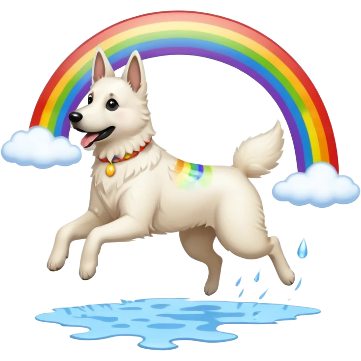 White belgian Shepard jumping over Rain puddles. There is a rainbow in the sky emoji