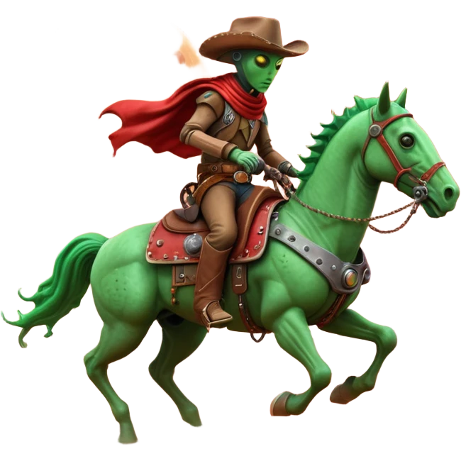 An alien cowboy riding a mechanical horse across a red Martian desert, two moons in the sky, dust storm swirling, wide cinematic shot, dramatic composition, hyper detailed, sci-fi western fusion emoji