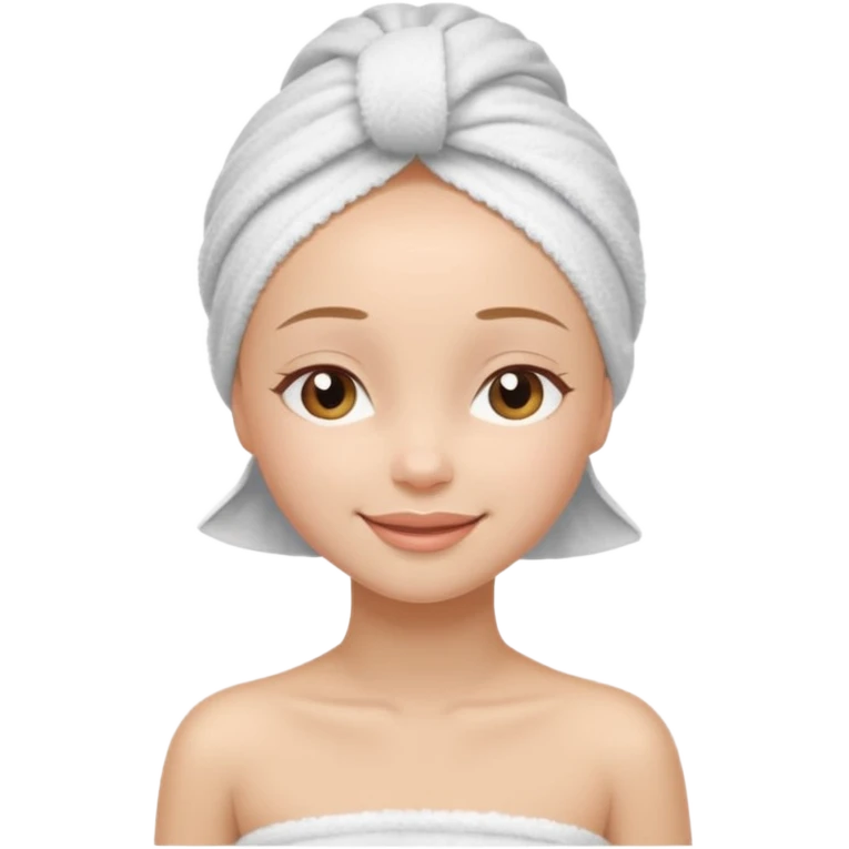 cute girl with her eyes closed and smiling, wearing a white spa towel as her clothes in she has a white spa towel on her head, no hair emoji