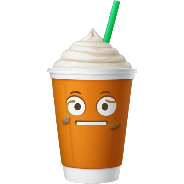 pumpkin shape cold cup with pumpkin spice latte and a green straw emoji