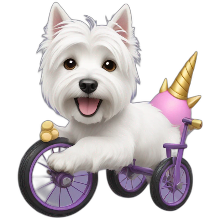 West Highland White Terrier as a unicorn on a tricycle emoji