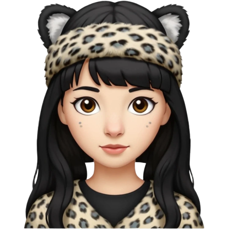 woman, black shoulder length hair, bangs, snow leopard fur headband emoji