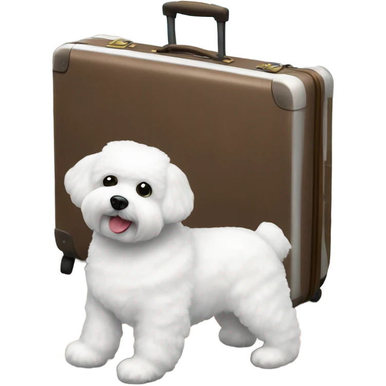 ABichon Frise standing next to a suitcase filled with iconic places stickers on the suitcase  emoji