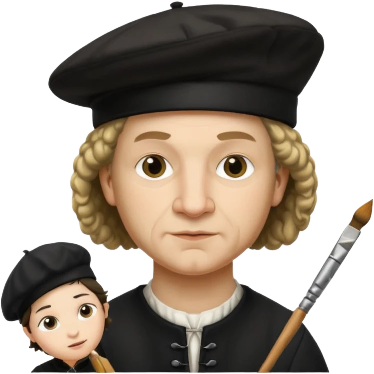 Rembrandt wear black beret hat, hold a brush emoji