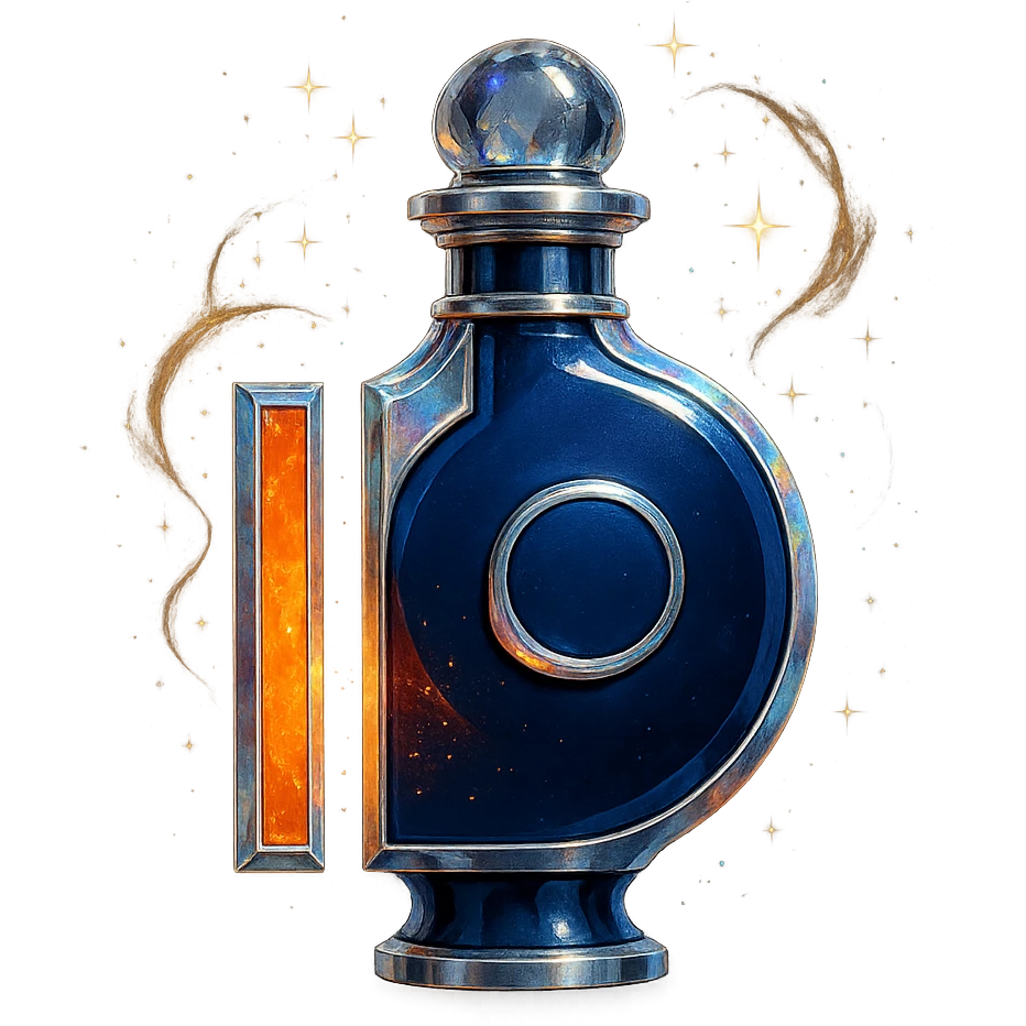 prabangus eliksyro buteliukas, įkvėptas Patreon logotipo, oranžinė ir tamsiai mėlyna spalvos, sidabrinės ir holografinės detalės, daug magiškų efektų, labai mažas kaklelis, vientisas dugnas, skaidrus fonas, buteliukas plūduriuoja ore, be pagrindo ar šešėlio, modernus, kolekcijai tinkamas emoji