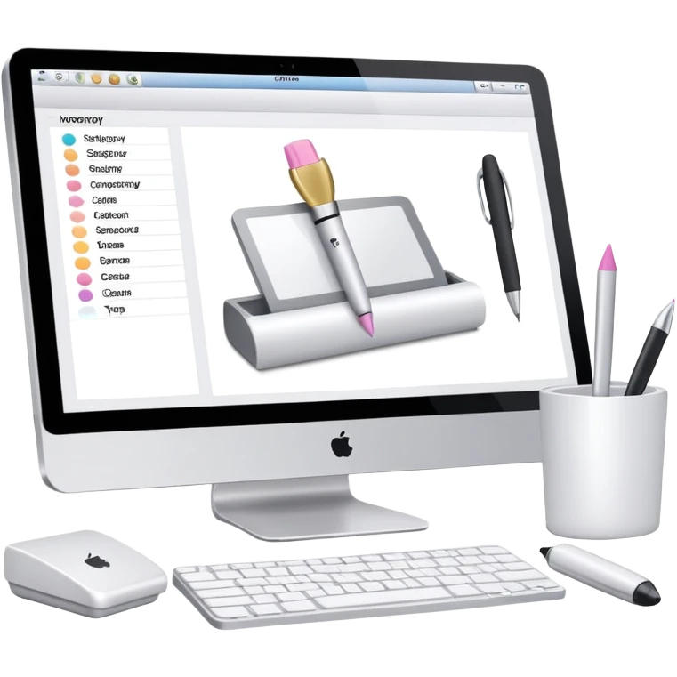 iMac showing beauty salon inventory software with notebook and pen next to it emoji