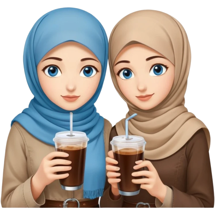 Turkish beautiful finish Konya two girls blue eyes with beige denim hijab islamic dress and had on her hand Rose Cold brew coffee   emoji