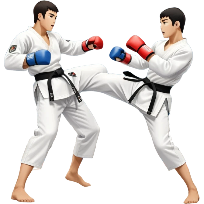 Two taekwondo fighters in traditional white doboks with black belts. One delivers a powerful kick, while the other defends by blocking with his knee. The background shows a professional arena with bright lights and an excited crowd. Transparent background highlights the intense action emoji