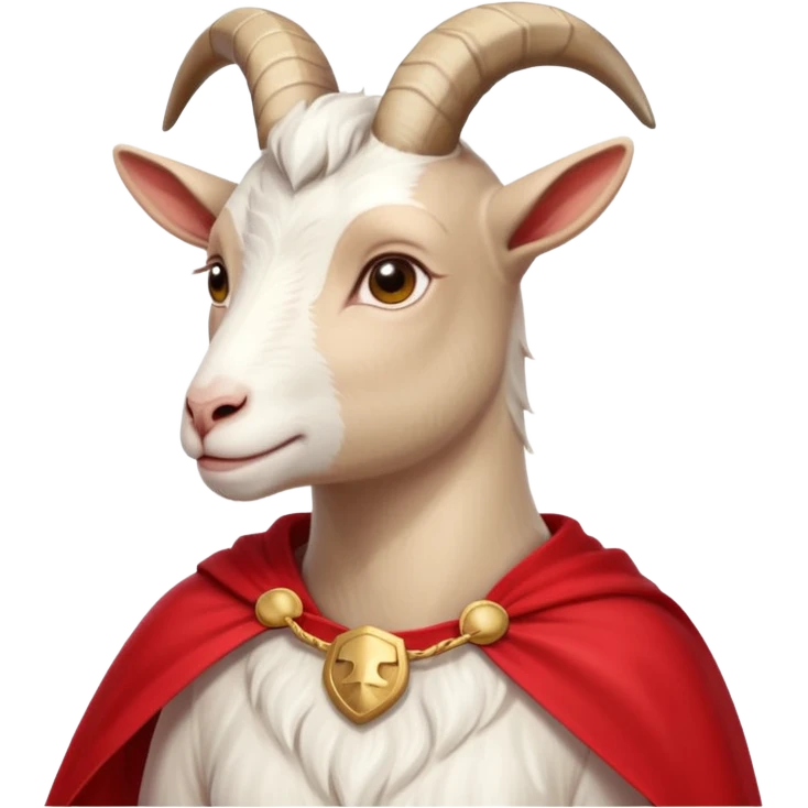 side view of white female goat wearing a read cape like superman emoji