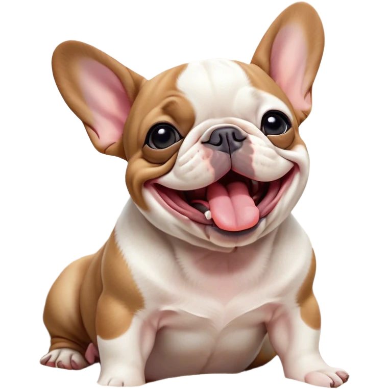 Cinematic Cute Yawning Pied French Bulldog Portrait Emoji, Head tilted with an exaggerated, endearing yawn and sleepy, squinty eyes, showcasing a unique pied fur of contrasting colors with a playful expression, simplified yet irresistibly adorable, highly detailed, glowing with a soft, cozy radiance, high shine, exuding a relaxed, humorous charm, styled with a gentle, soft glowing outline, capturing the essence of a Pied French Bulldog in a blissfully cute yawn that warms the heart! emoji