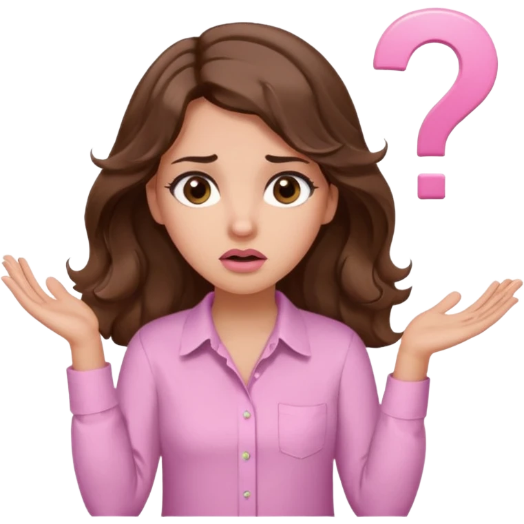 girl with wavy long brown hair, brown eyes, light to medium complexion, long lashes, light pink lipstick, wearing light pink shirt, shrugging with both hands, confused, question mark emoji