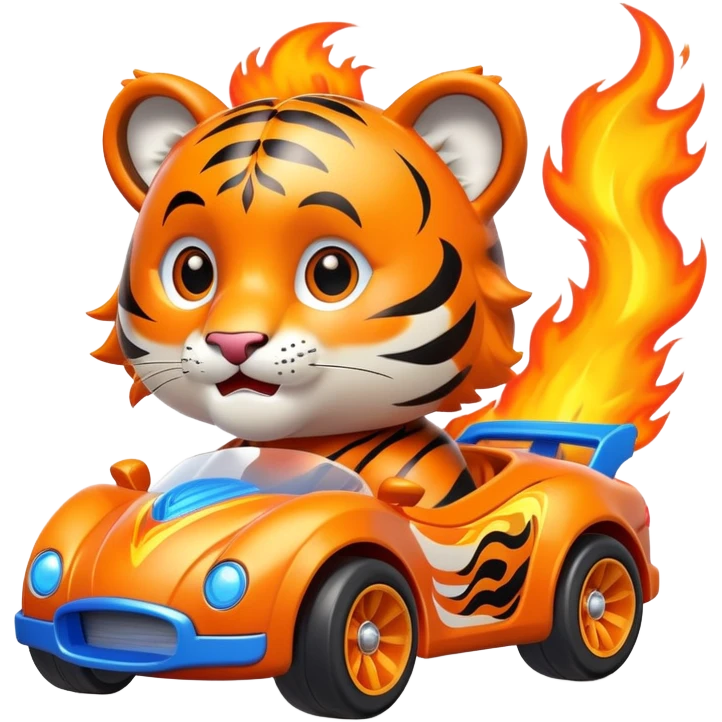 cute tiger in toy hot wheel car with THE CAR wheels are on fire emoji