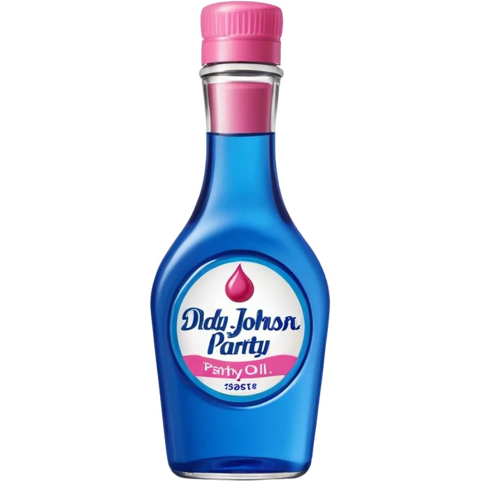 bottle of oil blue top pink outside with logo that says Diddy Party oil Johnson and Johnson  brand with a smiling berry on top emoji